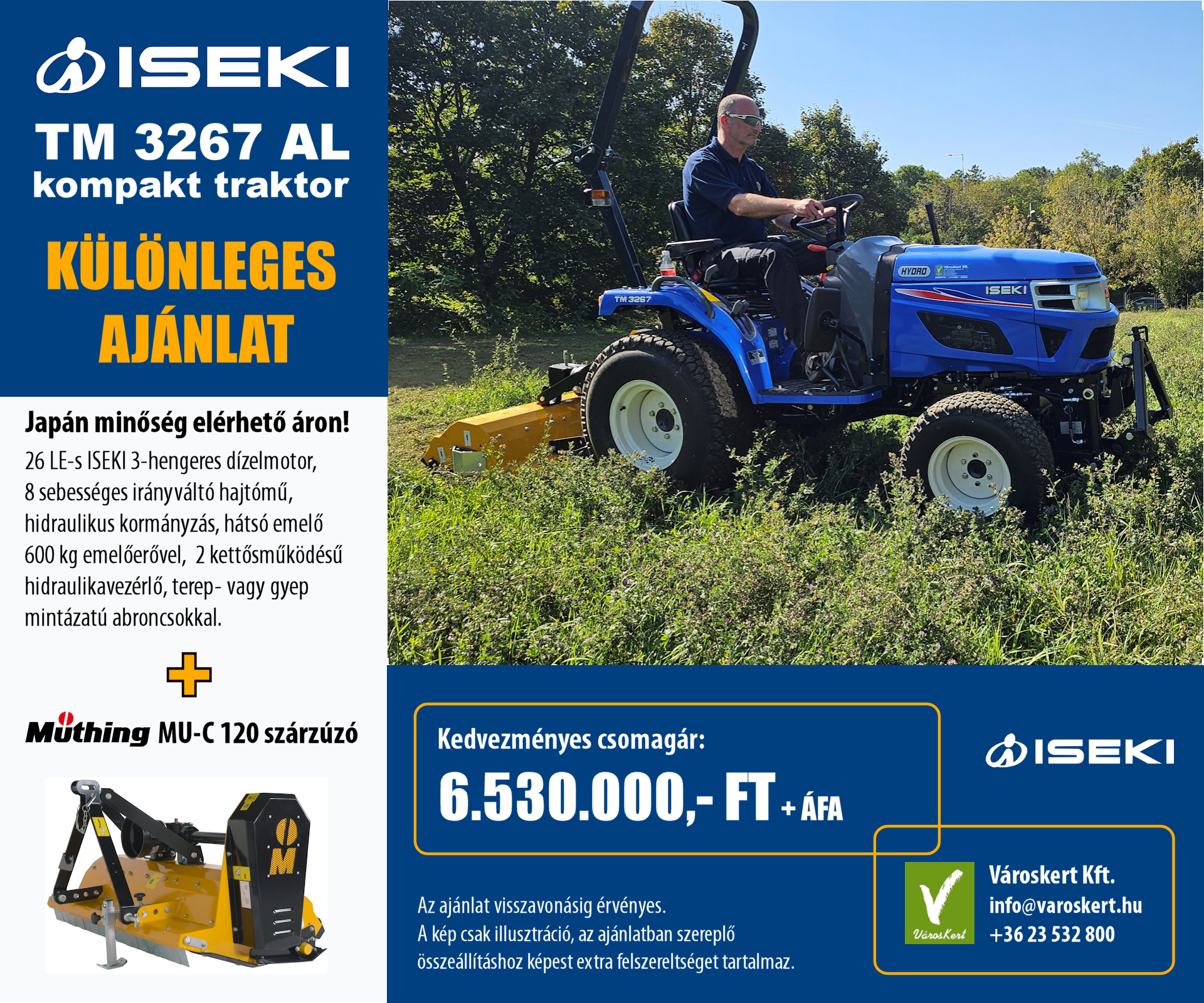 ISEKI TM 3267 AL kompakt traktor + Müthing MU-C 120